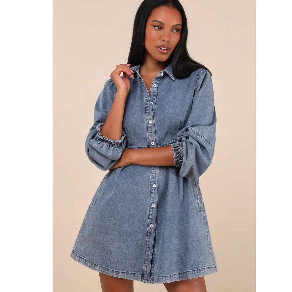 Lulus Uniquely Darling Medium Wash Denim Mini Dress Pockets Size S NEW - Picture 9 of 12